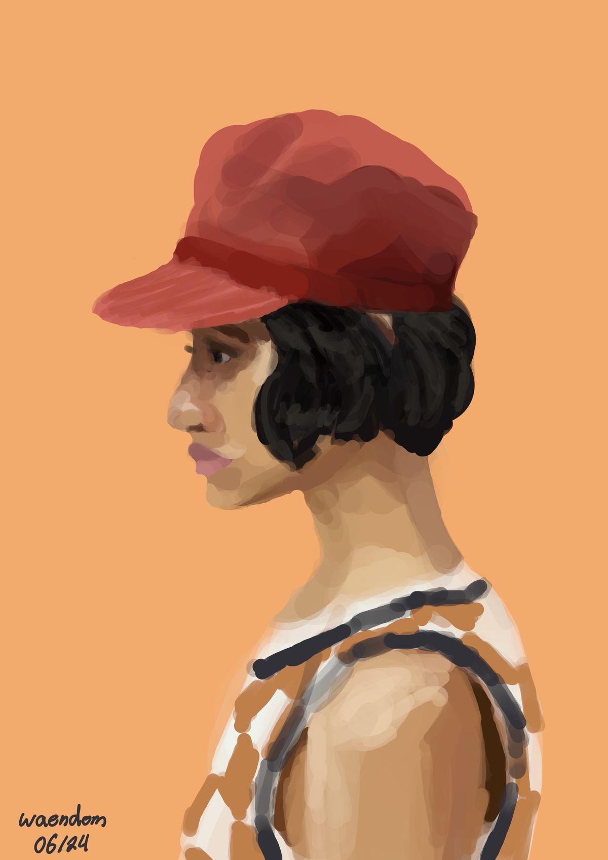 Digital painting: a woman in profile wearing a red flat cap, dark bobbed hair, against a warm orange background