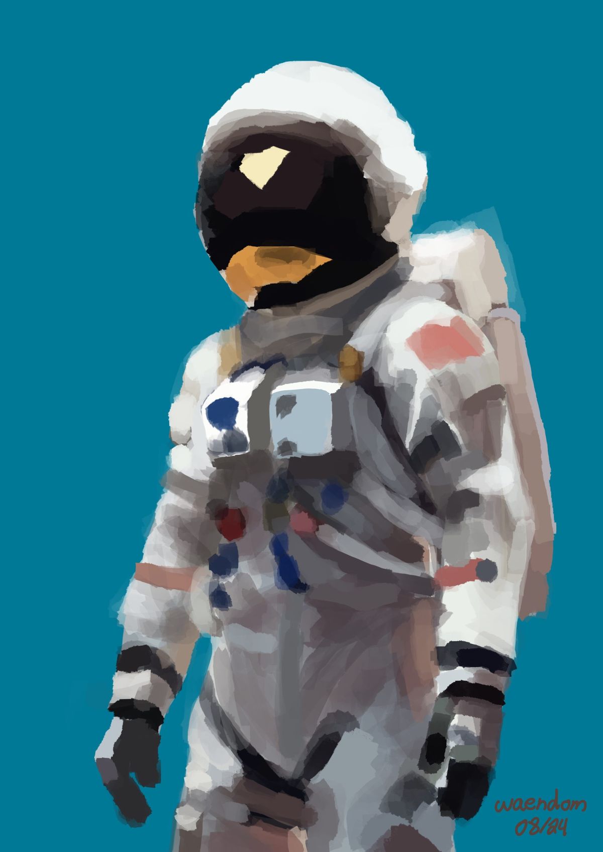 Digital painting: an astronaut in a white suit with a dark visor, standing against a flat teal background