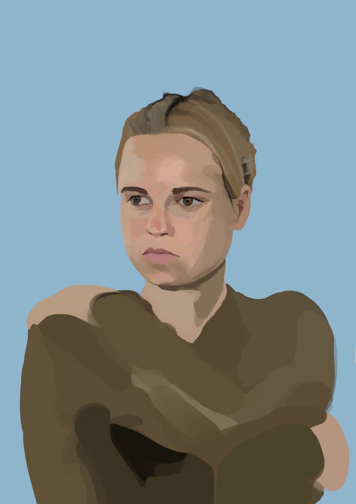 Digital painting: a blonde woman with folded arms in an olive sweater, against a flat light blue background