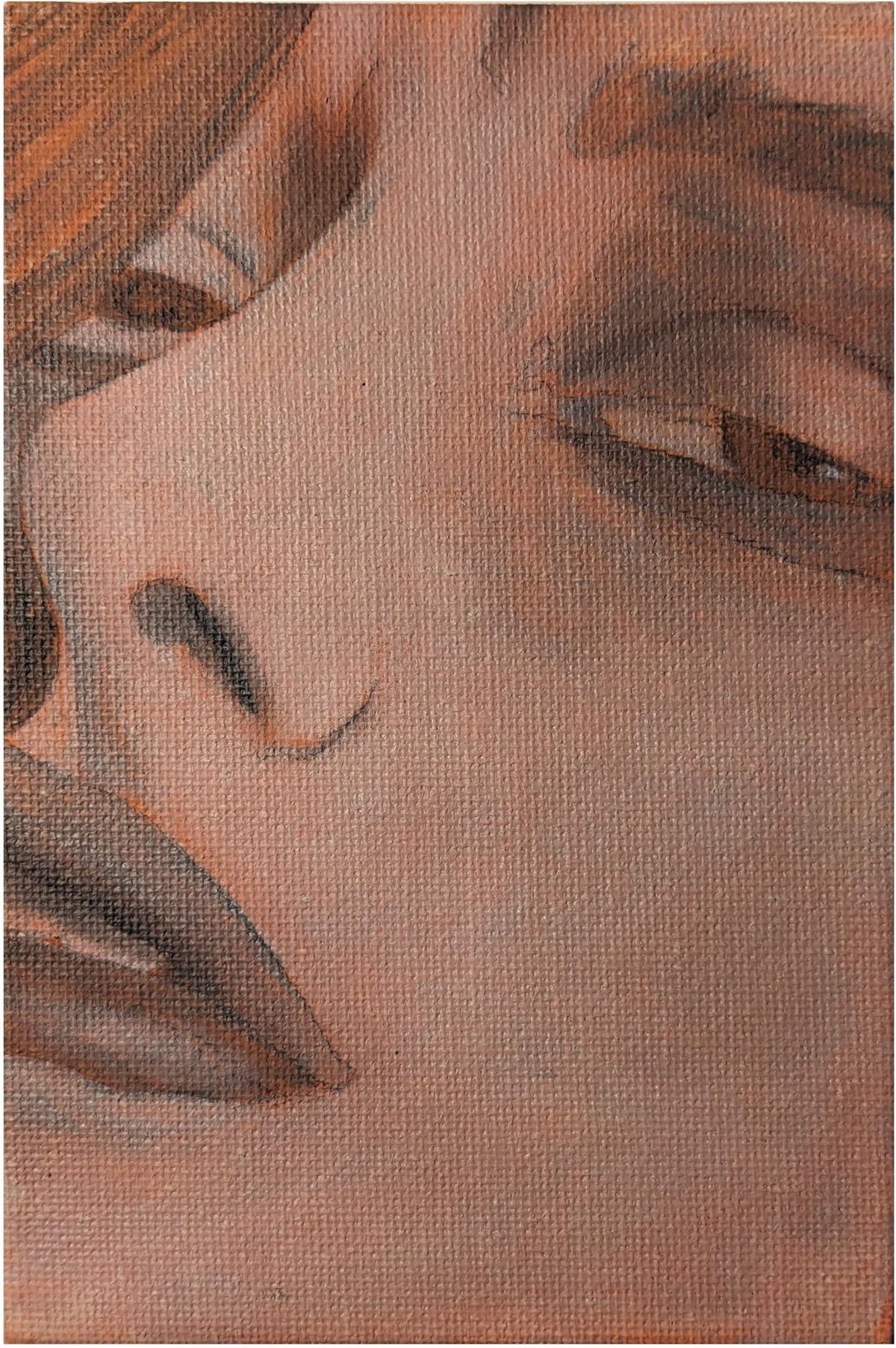 Oil study on canvas: a face in close-up, eyes lowered, painted in soft terracotta and grey