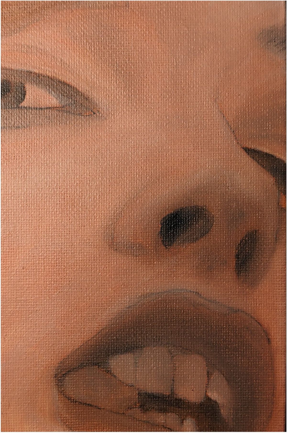 Oil study on canvas: the lower half of a face in close-up, lips parted, in warm orange tones