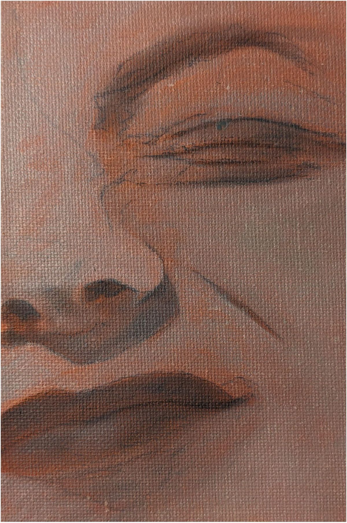 Oil study on canvas: a single eye and brow in close-up, painted in reddish brown over visible canvas weave