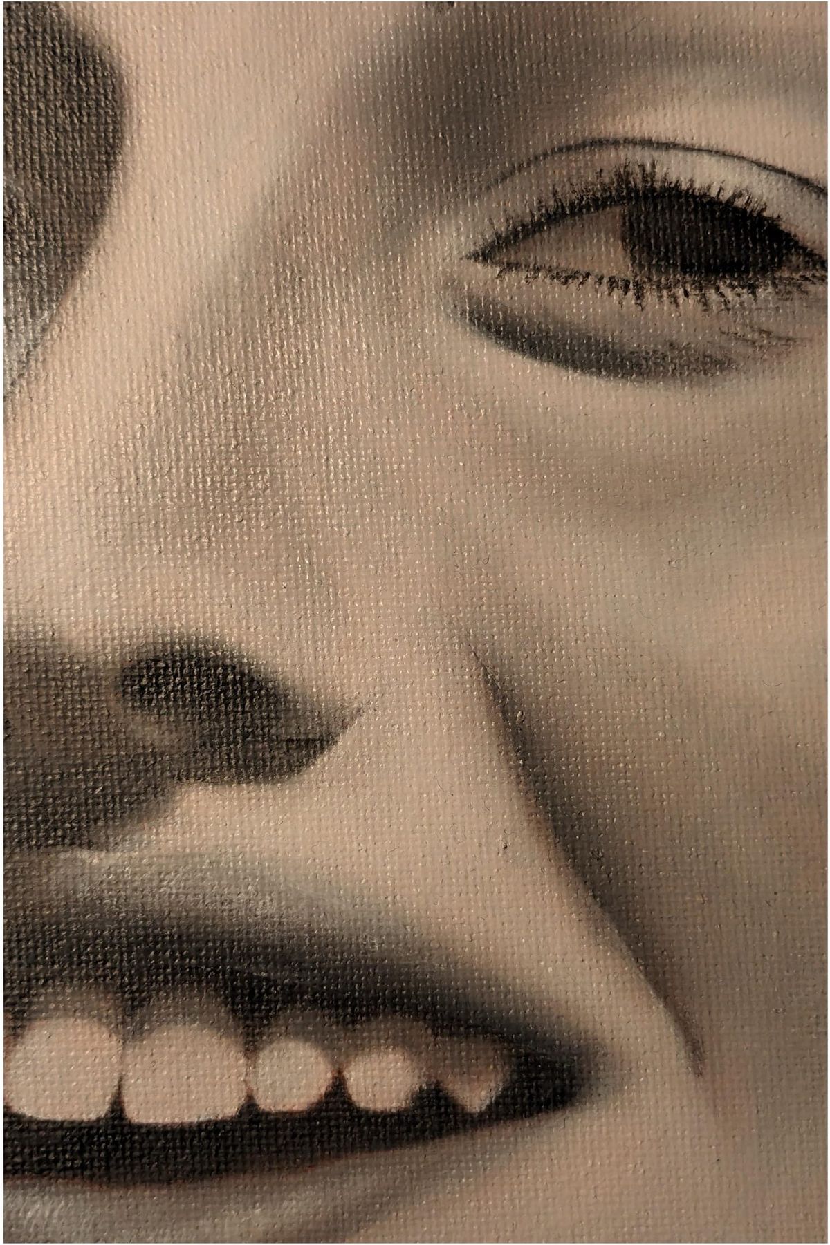 Oil study on canvas: an eye and a smiling mouth in close-up, in muted sepia tones