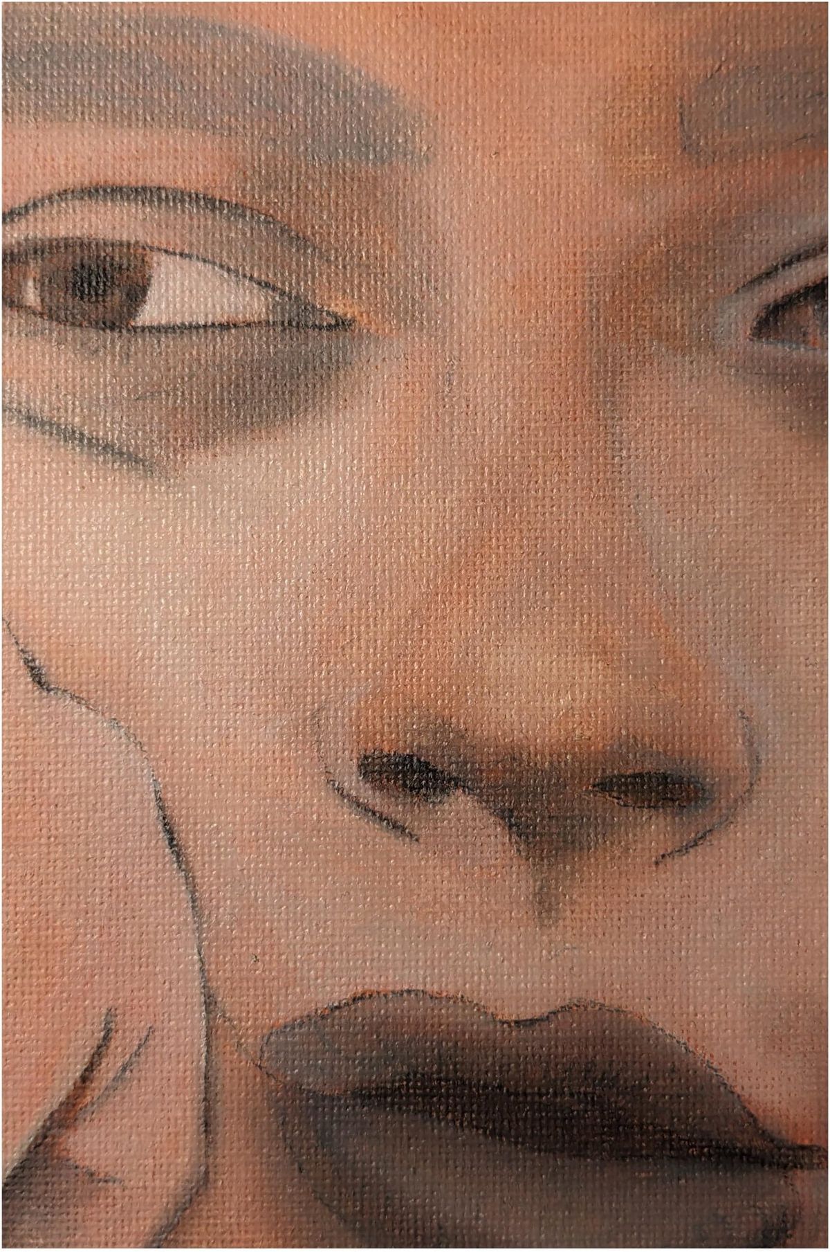 Oil study on canvas: a face in close-up with both eyes and lips visible, painted in warm terracotta