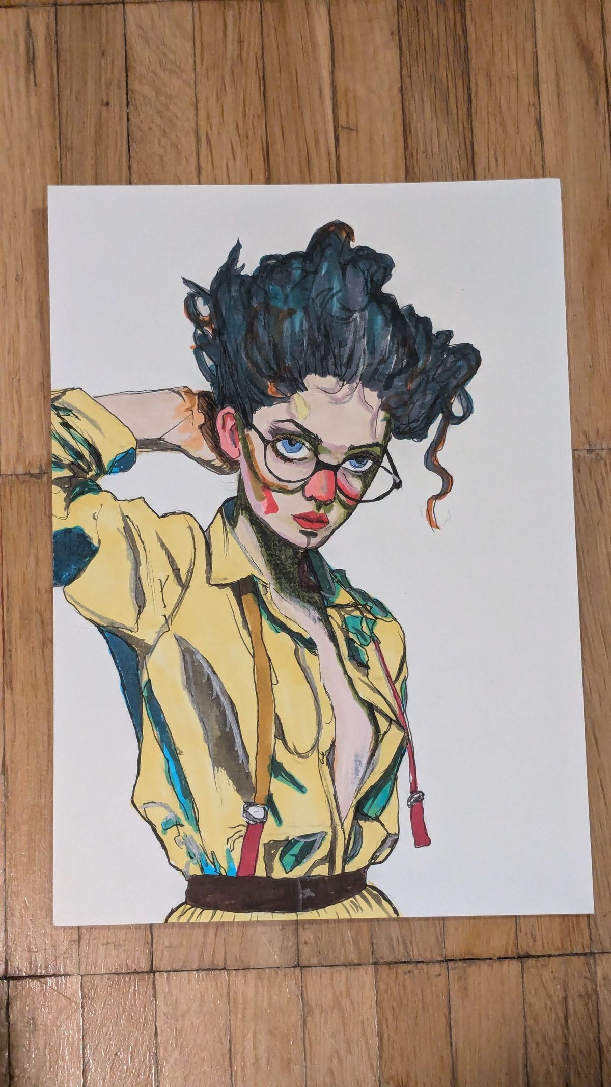 Ink and marker on paper: a woman with round glasses and dark curly hair, one arm raised behind her head, in a yellow jacket