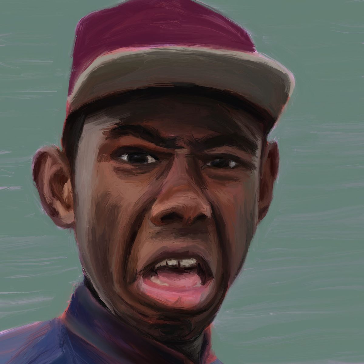 Digital painting: a close-up face under a maroon cap, brow furrowed and mouth open, against a muted green background
