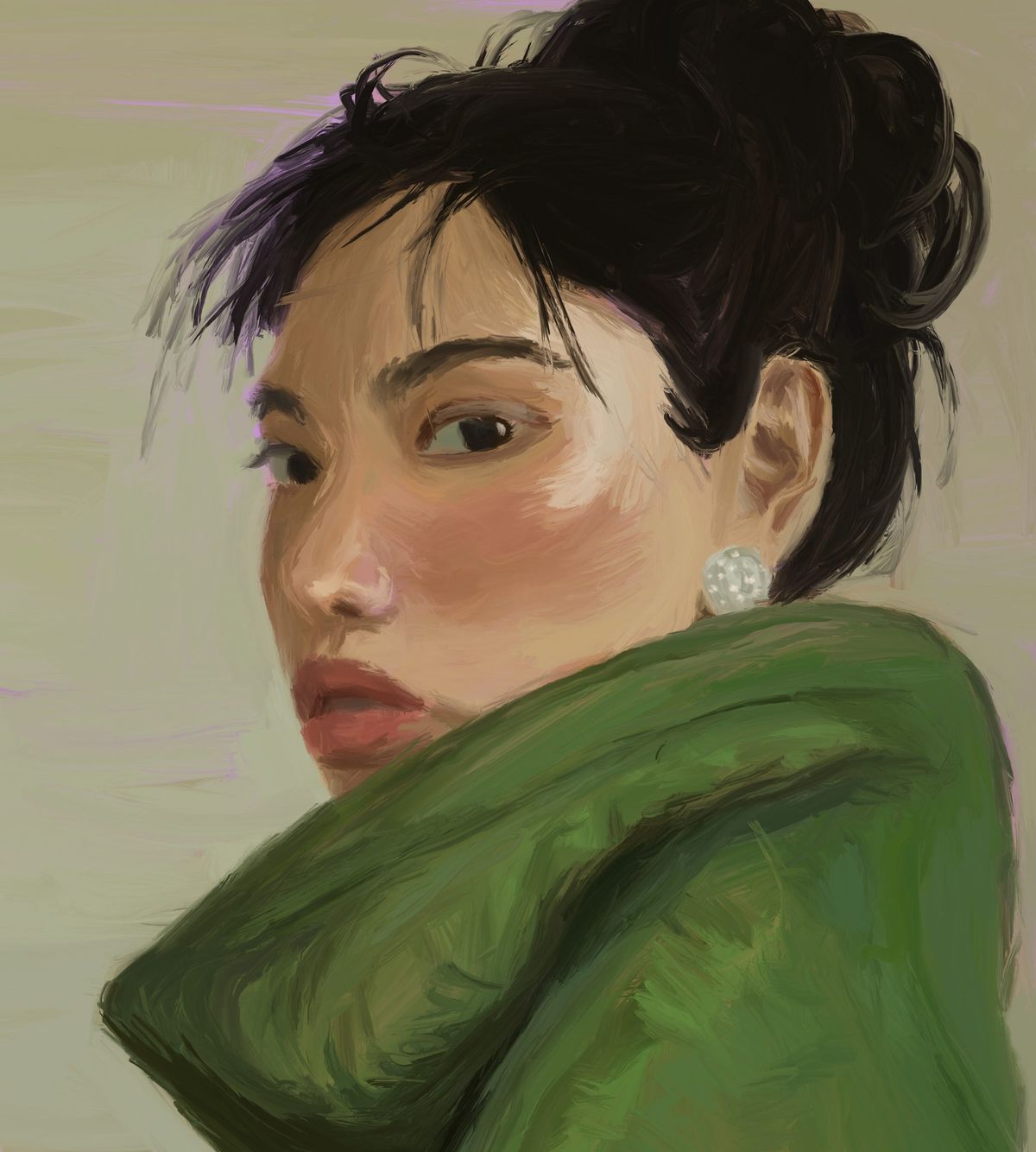 Digital painting: a woman glancing back over her shoulder, hair pinned up, in a deep green coat against a soft sage background