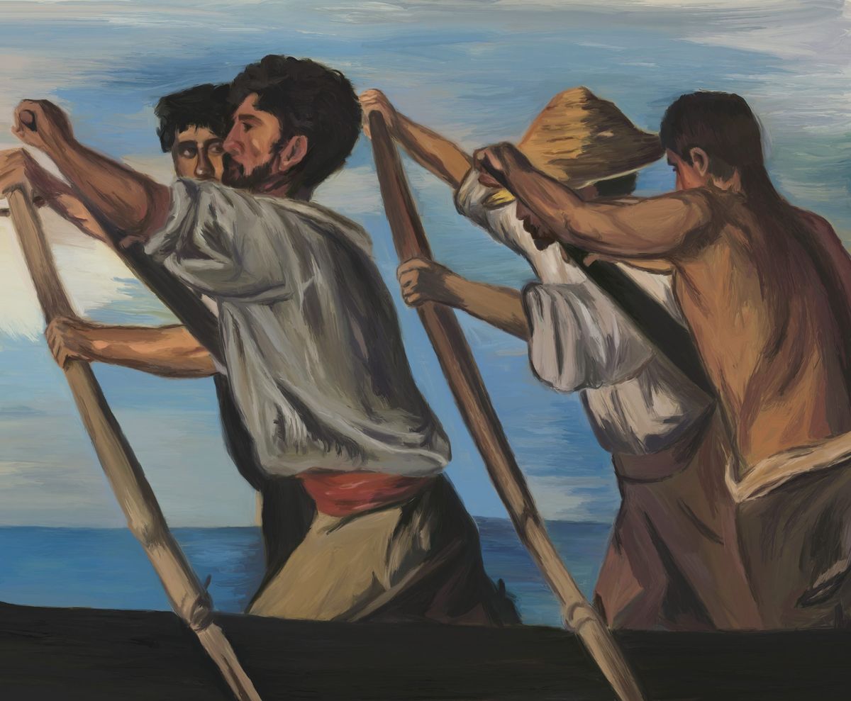 Digital painting after Kirchner: four rowers pulling long oars, sea and pale sky behind them