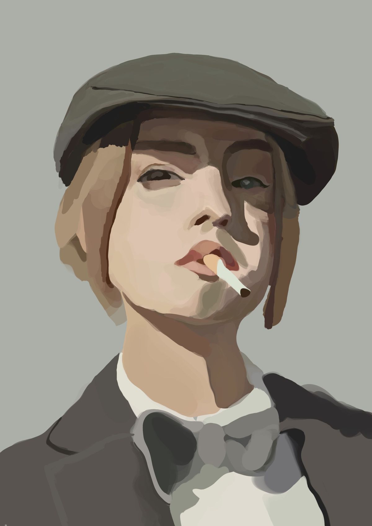 Digital painting: a person in a flat cap and bow tie with a cigarette between their lips, grey background