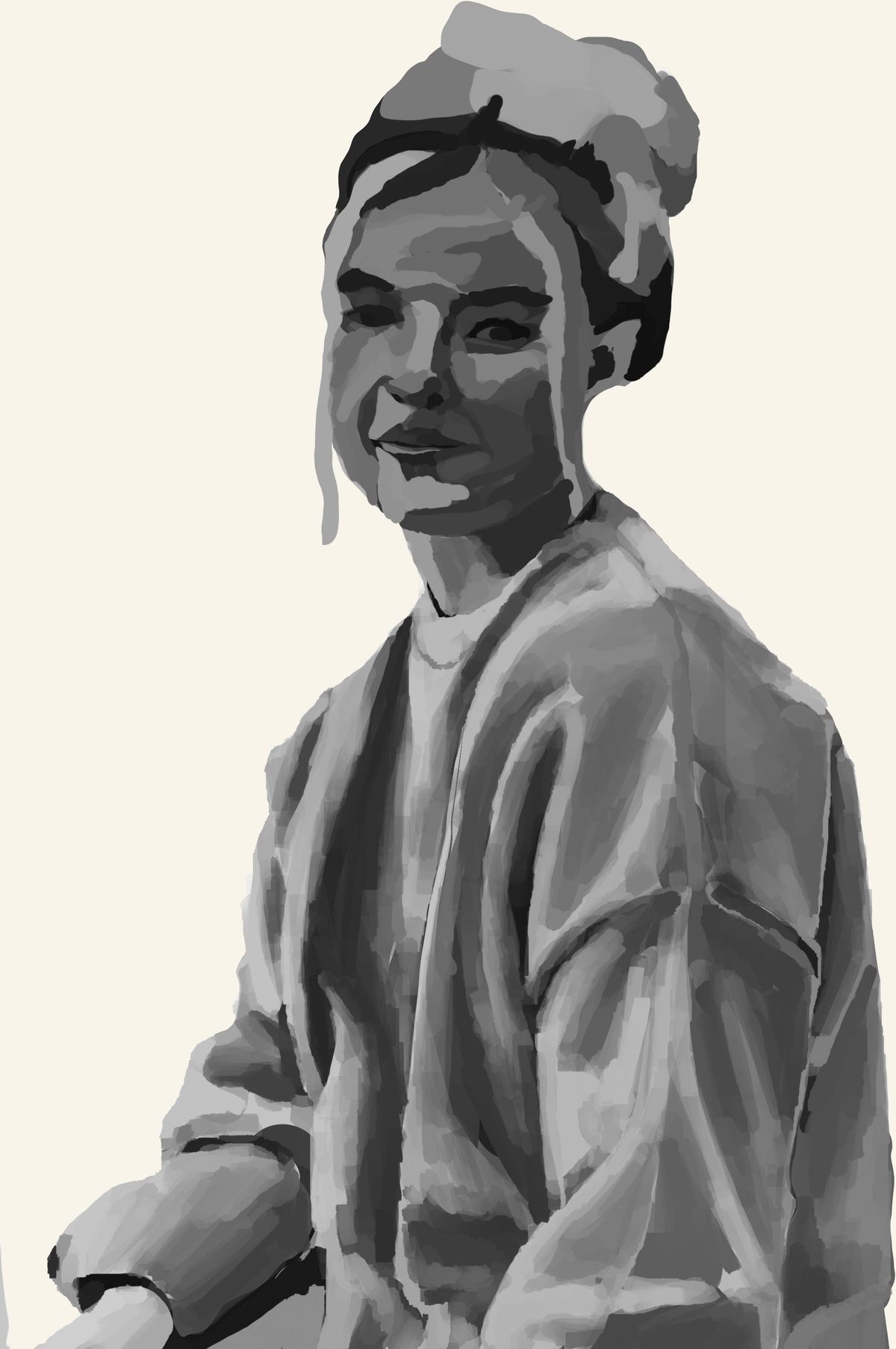 Digital painting in greyscale: a woman with her hair wrapped up, wearing an open jacket, turned towards the viewer