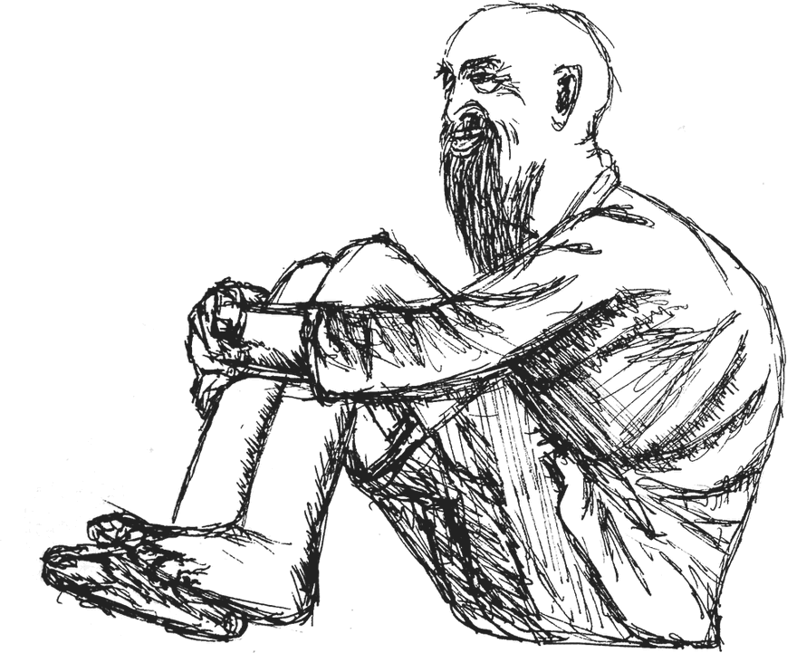 Ink drawing: an older man sitting on the ground, arms resting on his knees