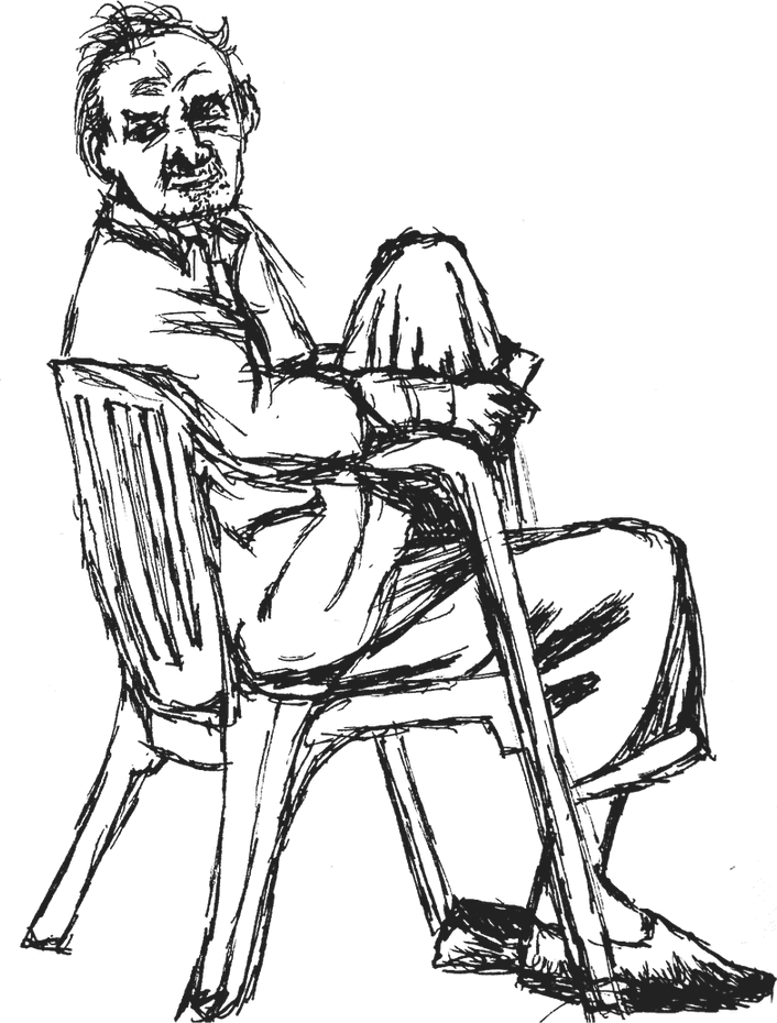 Ink drawing: an older man sitting on a wooden chair, legs crossed