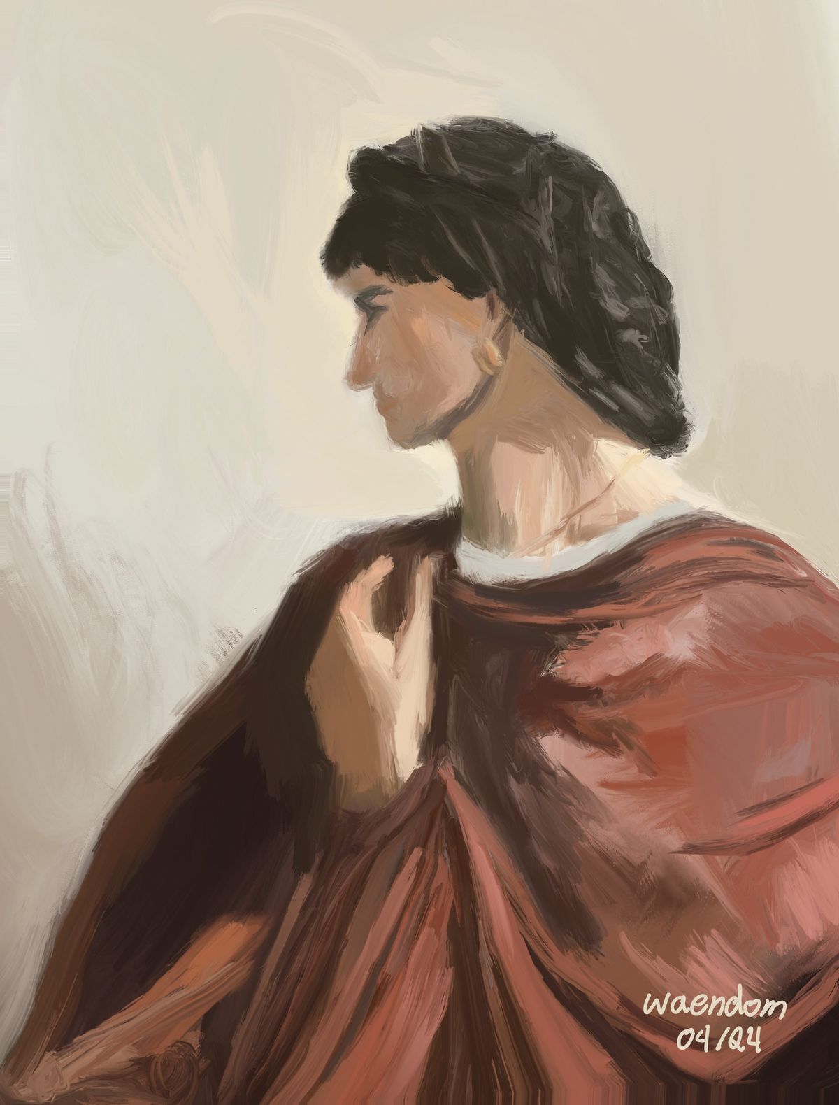 Digital painting: a woman in profile with dark hair, wrapped in a rust-red cloak over a white collar, on a pale cream ground