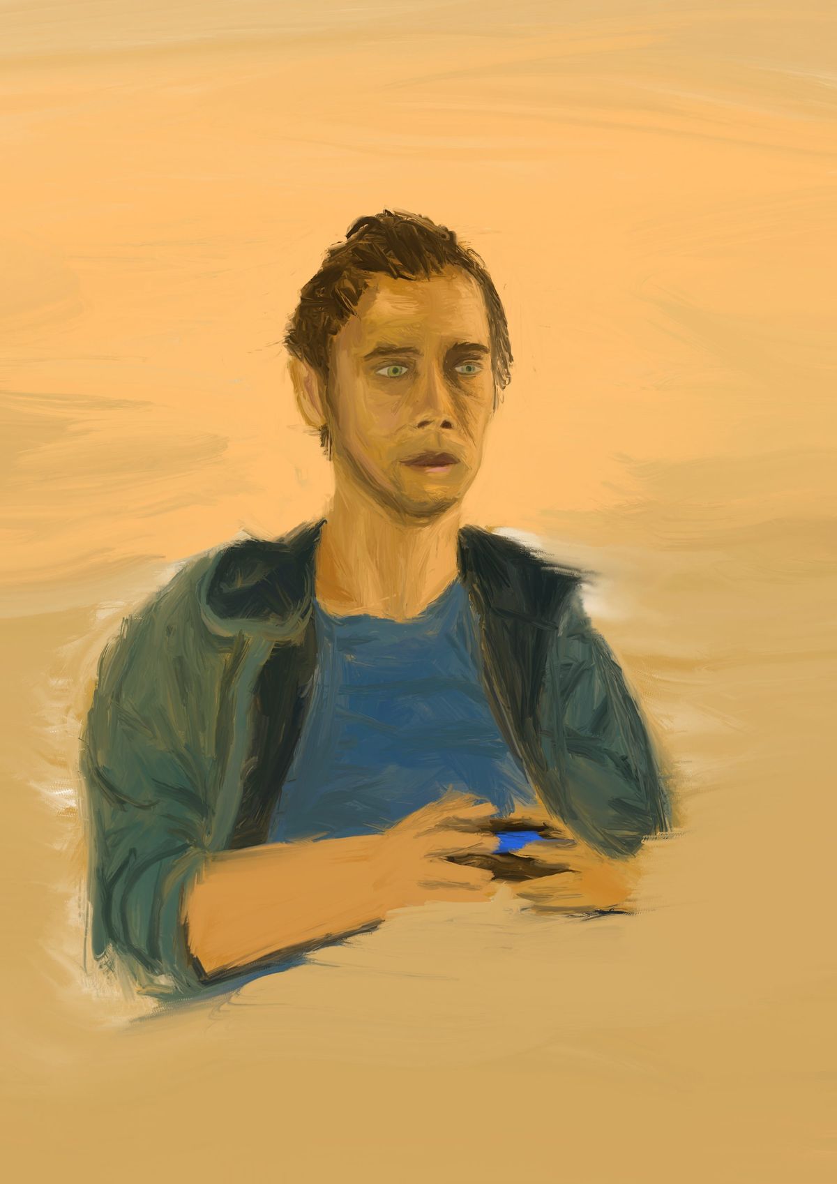 Digital painting: a young man in a green jacket over a blue shirt, arms folded, on a warm yellow background