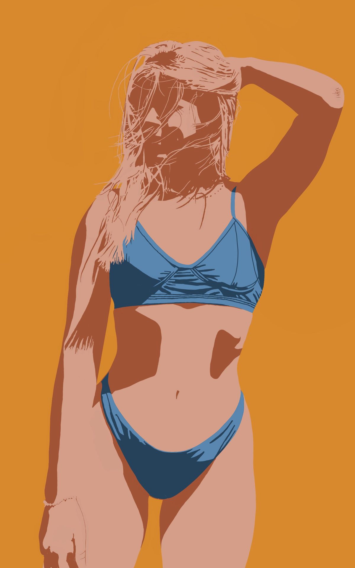 Flat-colour illustration: a figure in a blue two-piece, one arm raised, hair falling across the face, on a deep orange ground